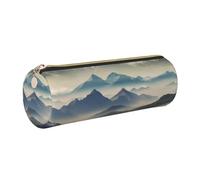 Landscape with Mountains and Clouds Printed Cylindrical Leather Pencil Case for Girls Boys, Gold Zipper Pencil Bag Pen Pouch Organizer for Student School Office College