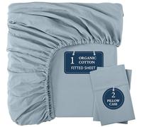 Lane Linen 100% Organic Cotton Fitted Sheet Double - Bottom Sheet with 2 Pillowcases, Soft & Breathable, 35 cm Deep Pocket, All-Around Elastic - French Blue