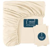 LANE LINEN 100% Organic Cotton Fitted Sheet Double - Bottom Sheet with 2 Pillowcases, Soft & Breathable, 35 cm Deep Pocket, All-Around Elastic - Ivory