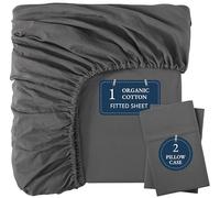 LANE LINEN 100% Organic Cotton Fitted Sheet Double - Charcoal Grey Bottom Sheet with 2 Pillowcases, Soft & Breathable, 35 cm Deep Pocket, All-Around Elastic