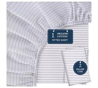 Lane Linen 100% Organic Cotton Fitted Sheet Double - Soft & Breathable Bottom Sheet with 2 Pillowcases, 35 cm Deep Pocket, All-Around Elastic - Natural Bed Sheet Set - Ticking Stripe Blue