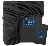 Lane Linen 100% Organic Cotton Fitted Sheet Single - Soft & Breathable Bottom Sheet with 1 Pillowcase, 35cm Extra Deep Pocket, All-Round Elastic for Snug Fit - Black