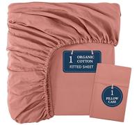 Lane Linen 100% Organic Cotton Fitted Sheet Single - Soft & Breathable Bottom Sheet with 2 Pillowcases, 35cm Extra Deep Pocket, All-Round Elastic for Snug Fit - Rose Dawn