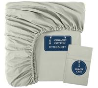 Lane Linen 100% Organic Cotton Fitted Sheet Single - Soft & Breathable Bottom Sheet with 2 Pillowcases, 35cm Extra Deep Pocket, All-Round Elastic for Snug Fit - Mineral