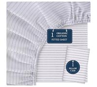 Lane Linen 100% Organic Cotton Fitted Sheet Single - Soft & Breathable Bottom Sheet with 2 Pillowcases, 35cm Extra Deep Pocket, All-Round Elastic for Snug Fit - Ticking Stripe Blue