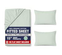 LANE LINEN 100% Organic Cotton Fitted Sheet Super King - Soft & Breathable, 2 Pillow Covers Included, 35cm Deep Pocket, Secure Fit Bottom Sheet - Cool Blue