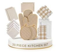LANE LINEN 20 Piece Kitchen Dish Cloths Set - 100% Cotton Dish Towels, Heat Resistant Kitchen Mittens and Pot Holder Set, Reusable Dish Rags for Washing Dishes, Absorbent Dish Towels- Beige