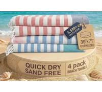 LANE LINEN 4 Pack Cotton Rich Beach Towels - Oversized, Pre-Washed, Absorbent & Quick Dry, No Sand, Multi Stripe Diamond, 39"x71"