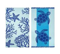 LANE LINEN Beach Towel 2 Pack, Super Absorbent, Pre-Washed - Turtle & Coral
