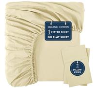 LANE LINEN Fitted Sheet Double - 100% Organic Cotton, Bottom Sheet with 2 Pillowcases, Soft & Breathable, 35 cm Deep Pocket, All-Around Elastic - Vanilla
