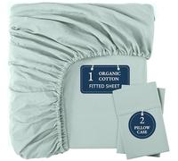 Lane Linen Fitted Sheet Double - 100% Organic Cotton, Soft & Breathable Bottom Sheet with 2 Pillowcases, 35 cm Deep Pocket, All-Around Elastic - Natural Bed Sheet Set - Cool Blue