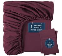 Lane Linen Fitted Sheet Double - 100% Organic Cotton, Soft & Breathable Bottom Sheet with 2 Pillowcases, 35 cm Deep Pocket, All-Around Elastic - Windsor Wine