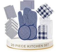 LANE LINEN Flour Sack Dish Towels Set - 20 Pc Kitchen Towel Set with Pot Holders and Oven Mitts,100% Cotton Kitchen Towels, Absorbent Dish Towels: Indigo