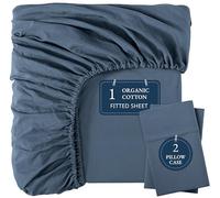 Lane Linen King Fitted Sheet - Organic Cotton, Soft & Lightweight, 35cm Extra Deep Pocket with 2 Pillowcases, Snug Fit Bottom Sheet - Navy