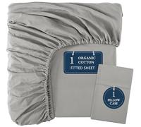 Lane Linen Single Fitted Sheet - 100% Organic Cotton Bottom Sheet with 2 Pillow Covers, Ultra Soft & Breathable, 35cm Deep Pocket, Elastic Edges for Secure Fit - Silver