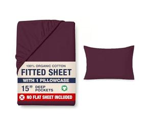 LANE LINEN Small Double 4 Ft. Size Fitted Sheet - 100% Organic Cotton, 4ft with 2 Pillow Covers, 35cm Deep Pocket, All-Round Elastic Bottom Sheet - Windsor Wine