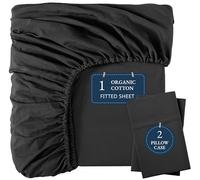 Lane Linen Small Double Fitted Sheet (4ft) - 100% Organic Cotton, Soft & Breathable with 2 Pillowcases, 35cm Deep Pocket, Elastic All Around Bottom Sheet - Black