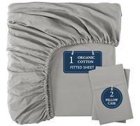 Lane Linen Small Double Fitted Sheet (4ft) - 100% Organic Cotton, Soft & Breathable with 2 Pillowcases, 35cm Deep Pocket, Elastic All Around Bottom Sheet - Silver