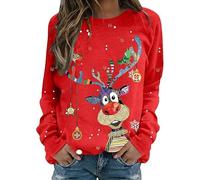 Lang Horn Christmas Sweatshirt Women Reindeer Graphic Print Jumper Long Sleeve Shirt Unisex Pullover Causal Crewneck Sweat Tops for Women Tangerine Red Medium