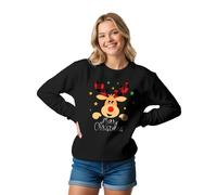 Lang Horn Christmas Sweatshirt Women Reindeer Graphic Print Jumper Long Sleeve Shirt Unisex Pullover Causal Crewneck Sweat Tops for Women Medium Black
