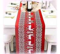 Lang Horn Red Linen Table Runner - 270 x 30 cm Xmas Pattern for Christmas Dining Tables
