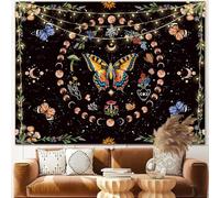 LANG XUAN Butterfly Moon Phase Flower Tapestry Botanical Floral Plant Boho Mushroom Tapestry for Bedroom Sun Aesthetic Vintage Tapestries Wall Hanging for Living Room Dorm (Black, 70.87" x 90.55")