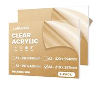 Langaelex 2 Pack A4 Clear Cast Acrylic Sheets 210 x 297mm, 3mm Thick Plexiglass Perspex Sheets cut to Size for Laser Engraving, Picture Frame, DIY and Crafts Project