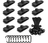 Langaelex Set of 10 Tarp Clips Heavy Duty Lock Grip Tent Clips Clamps with Thumb Screw and Bungee Ball Cords + Carabiner for Fixing Tarps, Awnings, Tarpaulin, Outdoor Camping, Caravan Canopies