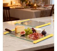 LANGBOHOS 2 PCS Tempered Glass Cutting Board for Kitchen with Silicone Handle-Non Anti slip and easy to grip,Dishwasher-Safe, Ideal for Kitchen and Food Preparation (Yellow-12 * 8"-16 * 12")