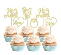 LANGE HOME 24 Pcs He Asked She Said Yes Cupcake Toppers Gold Glitter Diamond Ring Heart Love Cake Picks for Wedding Engagement Party Cake Decorations Supplies
