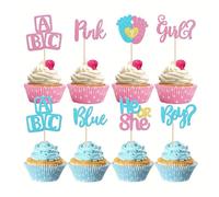 LANGE HOME 24Pcs Baby Shower Oh Baby Cupcake Toppers He or She Cupcake Picks Glitter Boy or Girl Cake Picks Decorations for Gender Reveal Party Decorations Supplies Blue Pink