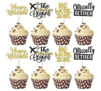 LANGE HOME 32 PCS Happy Retirement Cupcake Toppers Officially Retired Cupcake Picks No Work Zone Adventure Begins Cake Decorations for Retirement Theme Farewell Birthday Party Supplies Black Gold