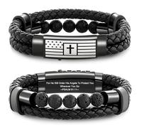 LANGE HOME Christian Gifts for Men - Christian Bracelet with Bible Verse & Cross - Adjustable Stainless Steel Mens Bracelets with Volcanic Stones, Leather Band & Velvet Gift Box for Religious Gifts