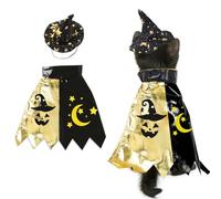 LANGFON 1 Set Pet Halloween Costume, Black Golden Star Wizard Cat Costume Hat Cape, Cat Pumpkin Clothes for Dog Cosplay, Adjustable Pet Outfit Decor for Cats Halloween Party Pets Cosplay Accessories