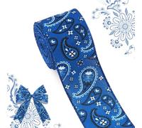 LANGFON 2.5" Bandana Floral Wired Edge Ribbon for Wrapping Gift 10 Yard, Blue Paisley Western Cowboy Ribbon for Wrapping Bow Wreath Making Craft DIY Holiday Party Farm Decor Supllies