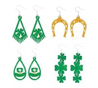 LANGFON 4 Pairs St. Patrick's Day Earring Green Shamrock Dangle Earrings for Women, Golden Horseshoes Earring St. Patrick's Day Accessories Good Luck Charm Party Favors for Festival Birthday Party