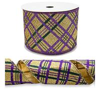 LANGFON Mardi Gras Fabric Ribbons 10 Yards, Green Purple Glitter Plaid Burlap Edge Wired Ribbon for Carnival Gift Wrapping Home Party Decoration Tree Crafts Supplies - 2.5 Inch x Yards 1 Roll