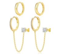 LANGLY Gold Hoop Earrings for Women, 2 Pairs Sterling Silver Post 14K Gold Plated Small Huggie Chain Earrings Set for Multiple Piercings Birthday Christmas Jewelry Gifts