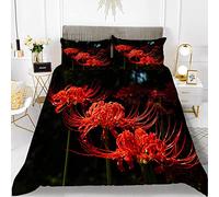 LANGQUN Double Duvet Set Black Red Lycoris Easy Care and Soft Hand Feel 110g Breathable Microfibre Duvet Cover with Pillow Cases Zipper Closure - Double (200cm X 200cm)