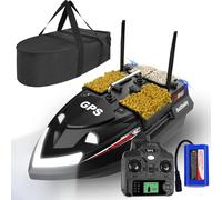 LANGSHI GPS Smart RC Fishing Bait Boat, Auto Cruise Double Motor Dual Antennas 4 Hoppers Large Capacity LED Night Light Boat (Black, 12000 mAh)