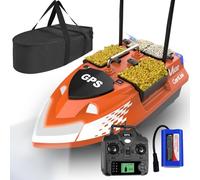 LANGSHI GPS Smart RC Fishing Bait Boat, Auto Cruise Double Motor Dual Antennas 4 Hoppers Large Capacity LED Night Light Boat (Orange, 12000 mAh)