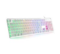 LANGTU Membrane Gaming Keyboard, Rainbow LED Backlit Quiet Keyboard for Office, USB Wired All-Metal Panel 25 Keys Anti-ghosting Computer Keyboard 104 Keys - L1 White/Silver