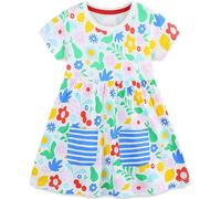 Langubaby Summer Dresses for Girls Flower Button Dress Casual Short Sleeve Cotton Little Kids Clothes Age 1-7 Years (3-4 Years)