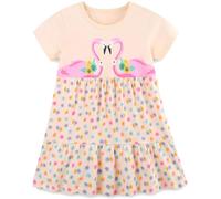 Langubaby Summer Dresses for Girls Flower Button Dress Casual Short Sleeve Cotton Little Kids Clothes Age 1-7 Years (5-6 Years, Flamingos)
