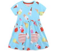 Langubaby Summer Dresses for Girls Flower Button Dress Casual Short Sleeve Cotton Little Kids Clothes Age 1-7 Years (1-2 Years, Popsicles)