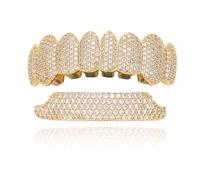 Langugu Gold Plated Shiny Hip Hop Teeth Grillz Grills Caps Vampire Fangs Grillz for Costume Cosplay, Fited, Brass, rhinestones