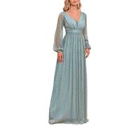 LANGWEI Green,L,Women's Cocktail Dress, Elegant Long Sleeved V-Neck Evening Dress, A-Line Shiny Pleated Fully Lined Dress
