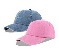LANGZHEN Unisex Baseball Cap 100% Cotton Fits Men Women Washed Denim Adjustable Dad Hat(Denim Blue+Pink)