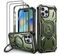 Lanhiem Case for iPhone 15 Pro Max with 2 Screen Protectors, 360° Ring Stand, Military Shockproof, Green