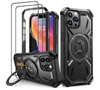 Lanhiem Case for iPhone 15 with Camera Stand, Compatible with MagSafe Mobile Phone Case for iPhone 15, Military Protection, Shockproof Case with Tempered Glass Protection, Black